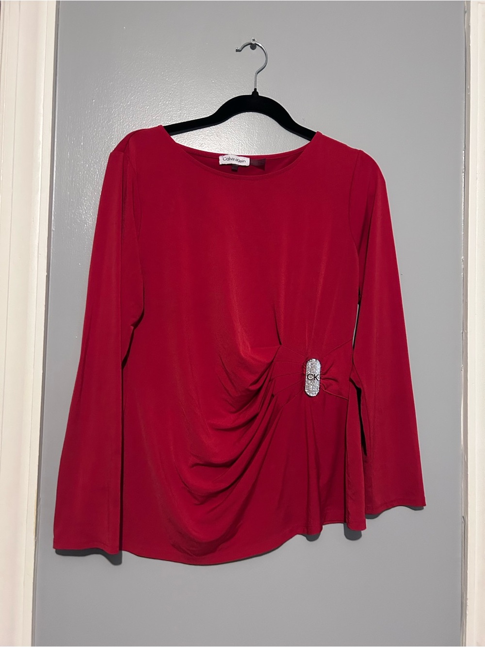 Calvin Klein Ruby Red Long-Sleeve Draped Waist Top with Buckle